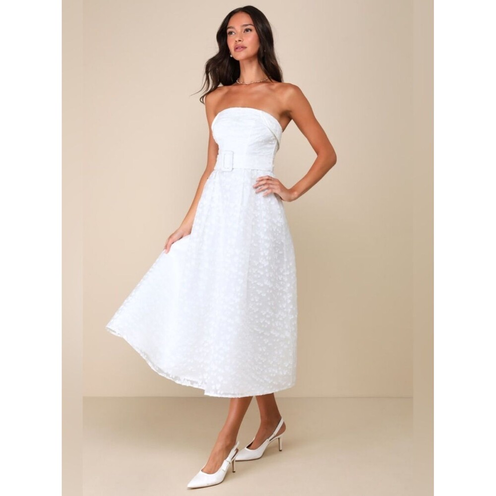 Lulus Enviable Grace White Burnout Strapless Belted Midi Dress Size Large Bridal